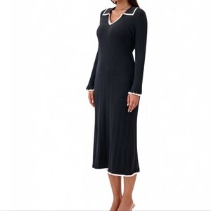 NWT PrettyGarden Midi Ribbed Dress Black Bell Sleeves Collared Womens Size:M